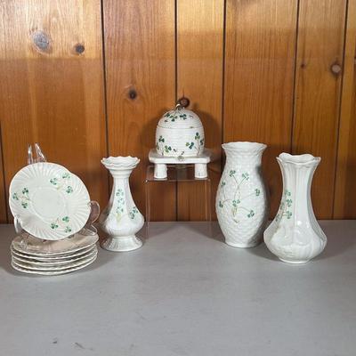 (10PC) BELLEEK SHAMROCK GROUP | Belleek Shamrock Group Includes: (1) Footed Beehive Honey Bowl 2nd Mark Black 1891-1926. (6) Shaped...
