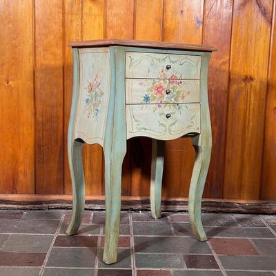 PAINTED TABLE STAND | Nicely painted three-drawer table/stand. All hand-painted flowers. - l. 18 x w. 14 x h. 30 in 