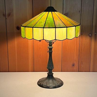  SLAG GLASS LAMP | Eighteen Panel Shade in green and tan on a nicely designed base in a bronze color. - h. 22.5 x dia. 17 in 