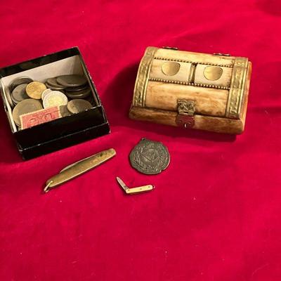 (5PC) 10K GOLD BAIL PENKNIFE & FOREIGN COINS LOT | Interesting Varied Lot Including: (1) ESEMCO Brass Penknife with a 10K Gold Bail...