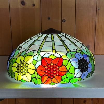 STAINED GLASS SHADE W/FLOWERS | Round Shade with large red, blue and yellow flowers. Shade Only, no lamp. - h. 8 x dia. 20 in 