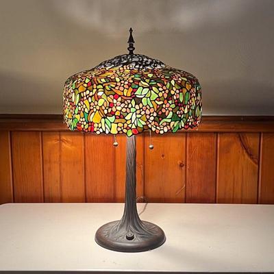 STAINED GLASS TIFFANY STYLE TABLE LAMP | Stained Glass Lamp with tree-shaped base and floral style shade. - h. 11 x dia. 18 in (Shade...