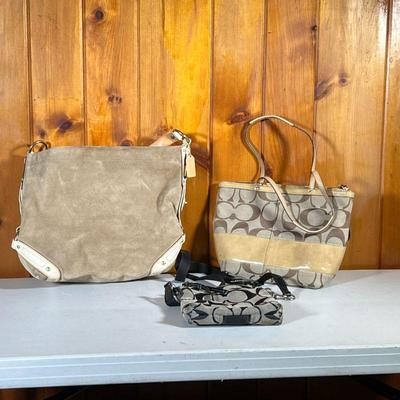 (3PC) COACH BAGS PURSES | Lot Includes Three Coach Bags: (1) â€œCâ€ design with tan leather center w/ Coach Patch. (1) â€œCâ€ design...