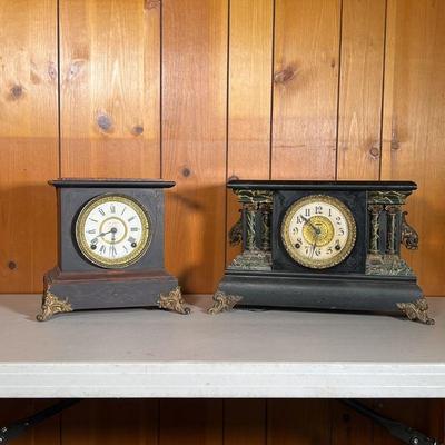 (2PC) E INGRAHAM & SETH THOMAS CLOCKS | Two Painted Fancy Shelf Clocks Including: (1) â€œE Ingraham Bristol Conn. USAâ€ in black case...