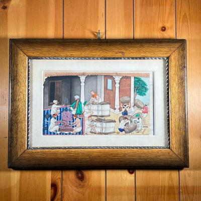 BOMBAY INDIA LITHOGRAPH | Bombay Scene of Paisley packing and preparing for shipping. Very detailed. Oak frame with a metal silver inner...