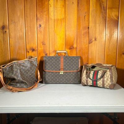 (3PC) GUCCI & LOUIS VUITTON BAGS | Three Vintage Bags: (1) LV briefcase. (1) LV Duffel Bag. (1) Large Gucci Bag. - l. 11 x w. 7 x h. 9 in...