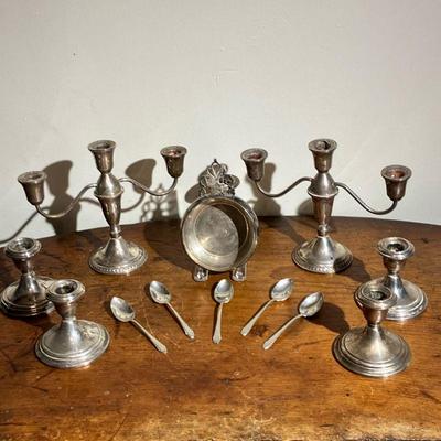 (13PC) STERLING SILVER LOT | Lot Includes: (4) Matching Low Candlesticks. (2) Three Candle Candelabras (1) Porringer. (1) Non-matching...