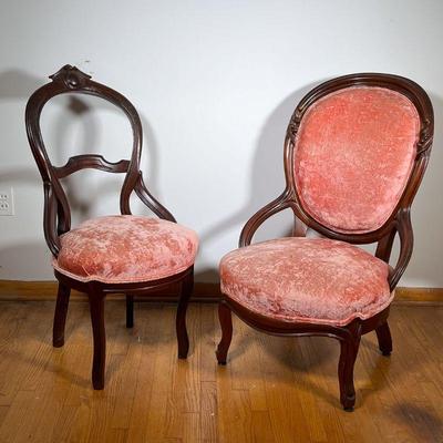 (2PC) VICTORIAN LADIES CHAIRS | Two Victorian Chairs including: (1) Low Ladies Chair. (1) Side Chair. Both nicely carved and upholstered...