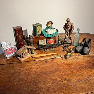 (20PC) VINTAGE MULTIFARIOUS LOT | Unusual Lot Includes: Black Forest Carving of Mountaineer; Wooden Box shaped like book with dÃ©cor on...