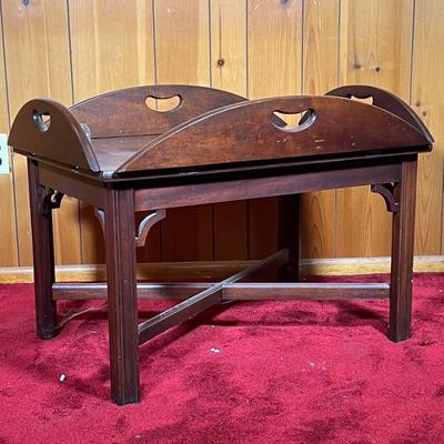 BUTLERS TABLE | Mahogany Butlers Table with inlaid wood. - l. 40 x w. 31 x h. 18 in (Table Open) 