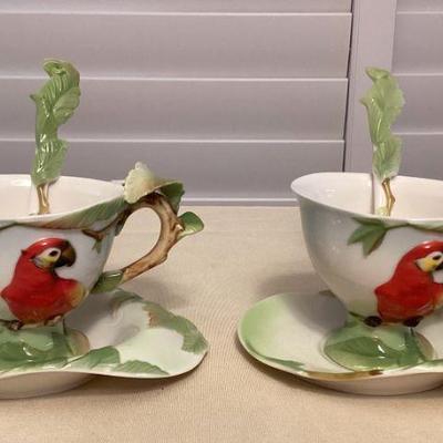 MTT181 Two Sets Of Alii Porcelain Parrot Teacups, Saucers & Spoons New