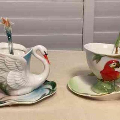 MTT182 Alii Porcelain Swan & Parrot Teacup, Saucer & Spoon Sets New