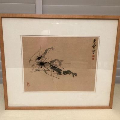 MTT197 Framed Original Asian Brushstroke Painting Of Shrimp