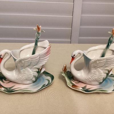 MTT179 Two Sets Of Alii Porcelain Swan Teacups, Saucers & Spoons New