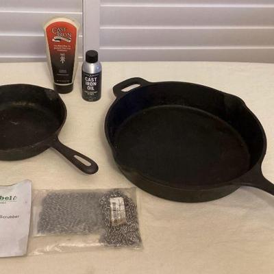 MTT025 Two Cast Iron Skillets & Cleaning Supplies