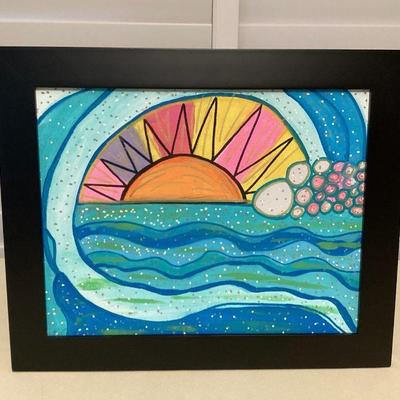 MTT107 Framed Original Painting Of A Breaking Wave At Sunset