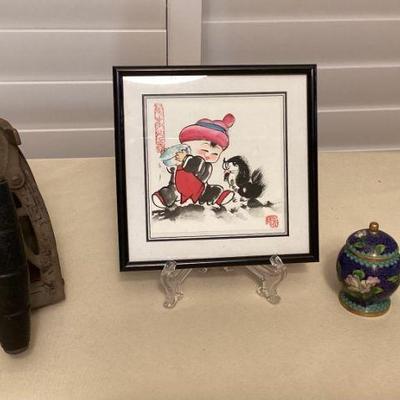 MTT125 Chinese Snuff Bottle, CloisonnÃ© Jar, Framed Painting & Brass Iron