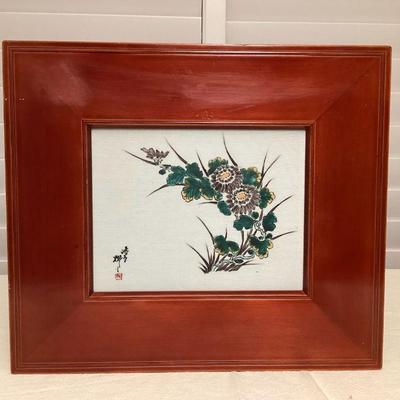 MTT076 Lacquer Framed Japanese Floral Ceramic Art Picture 