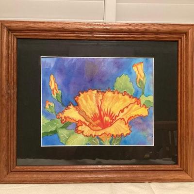 MTT080 Framed Original Watercolor Painting Of Hibiscus Flowers 