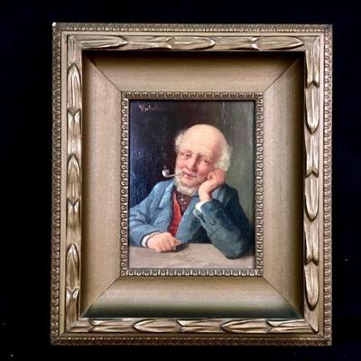 JIFI929 Antique Oil On Panel Painting	Signed by V. Schaller, oil on wood panel painting of gentleman who appears to be deep in thought-...