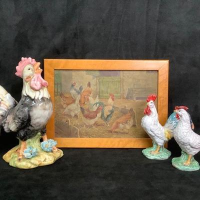 JIFI207 Vintage/Antique Oil Painting & Ceramic Roosters	-Vintage/Antique Oil Painting, signed but to faint to tell by who. Maple wood...