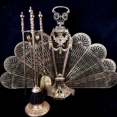 LAGO961 Vintage Brass Peacock Fireplace Screen & Fireplace Tool Set	Solid brass folding fan fireplace screen opens and folds with...