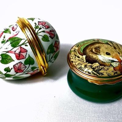 JIFI942 Bilston & Battersea Halcyon Days Enamels	2 porcelain enamel trinket boxes from England
