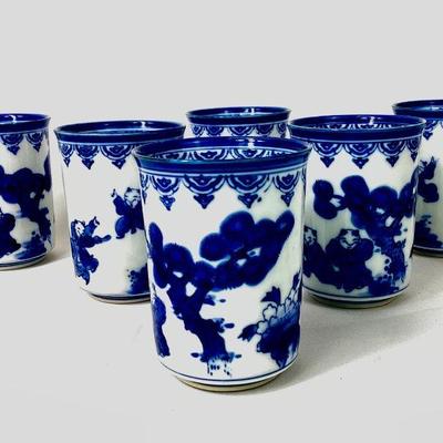 JIFI957 Signed Nabeshima Arita Pottery	6 vintage 1930-1970 porcelain cups depicting boys chasing butterflies.
