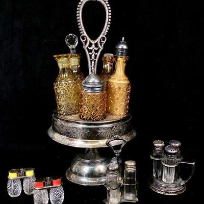 JIFI927CD Vintage Silverplate Condiment Holder & More	Vintage amber button & daisy glass condiment set with Rogers silver plate...
