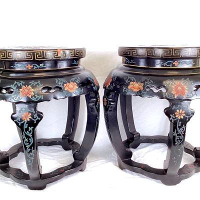 LAGO965 Vintage Chinese Black Laquered Side Tables (Pair)	2 black laquer side tables with engraved design, featuring hand painted bird...