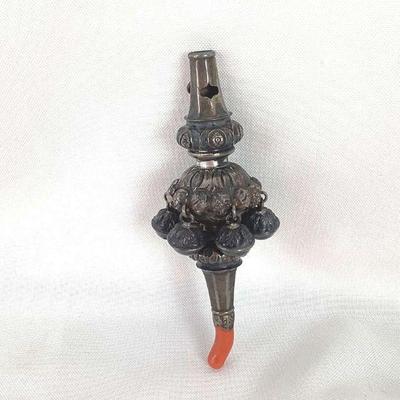 JIFI110 Antique Silver & Coral Baby Pacifier Rattle	This is an antique, late Georgian to early Victorian era, English baby rattle with...