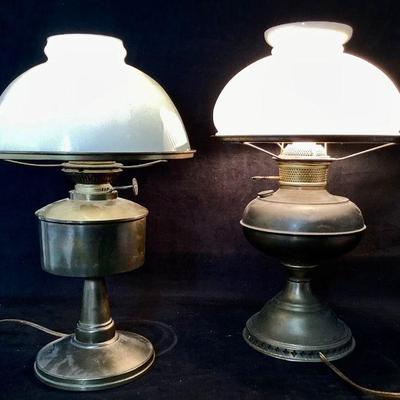 JIFI970 Antique Brenner & Rayo Converted Oil Lamps	Working electrical, hand cut milk glass shades, spare center draft burner. Â Small...