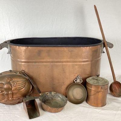 JIFI502 Large Copper Bucket And Other Copper Items	Copper bucket with ladle with handles, labeled 'Rome'Â 
