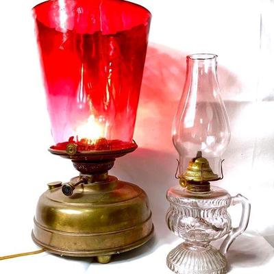 JIFI969 Converted Veritas Oil Lamp & More	Glass cranberry shade - probably not original to lamp. Â P & A Co. Kerosene lamp with...