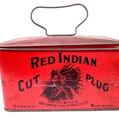 JIFI945 Very Rare Red Indian Tobacco Pail	Early litho tin, lunch box style with Indian images on all four sides, folding handle.
