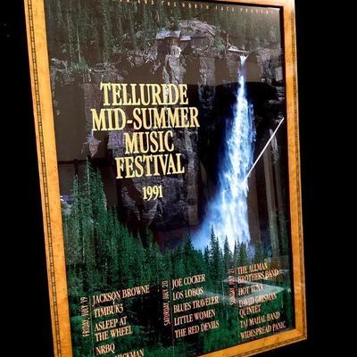 JIFI938 Telluride Mid-Summer Music Festival Promotional Poster	Vintage 1991. Â Beautiful quality frame, possibly mahogany tiger oak with...