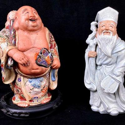 JIFI946 Vintage Chinese & Japaneese Figurines	Japanese Kutani Moriage Hotei porcelain statue, Buddha figurine with round wooden base....