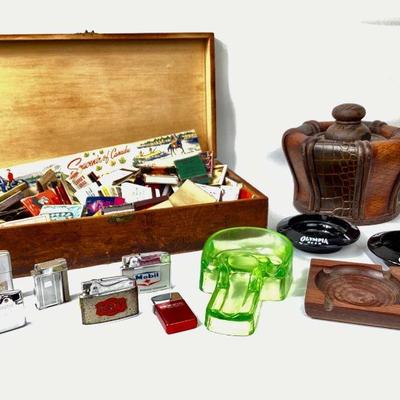JIFI954 Antique & Vintage Smoking Lot	Vintage green uranium glass pipe/cigar/ashtray holder. Â Wood & leather tobacco caddy,...