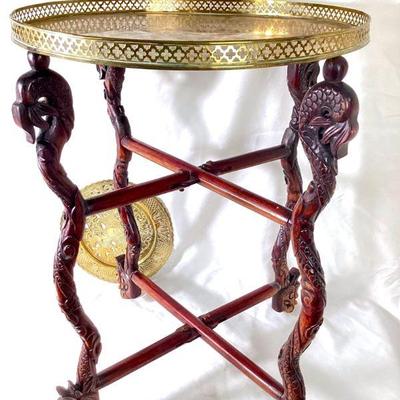 JAMA919 Ornately Carved Folding End Table Base & Brass Trays	Intricately carved legs fold flat or open to hold a tray or table top. 2...