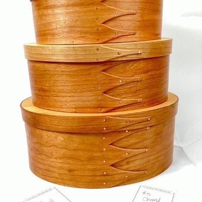 JIFI949 Canterbury Woodworks Shaker Boxes	#4, #5 & #6, bentwood, four finger with copper rivets pantry boxes from New Hampshire.
