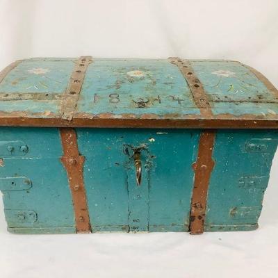 JIFI100 Antique 1814 Wedding Chest	This is a primitive antique wedding chest with the date of 1814 painted on it. It's covered in a dark...