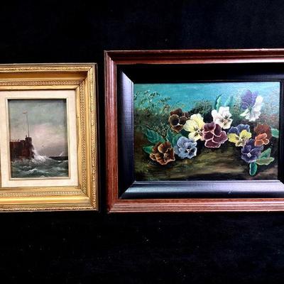 JIFI928 Two Antique Oil On Wood Panel Paintings	Pansies painted by Augusta Bridgford Dawson, in wood frame measures 14.5' x...