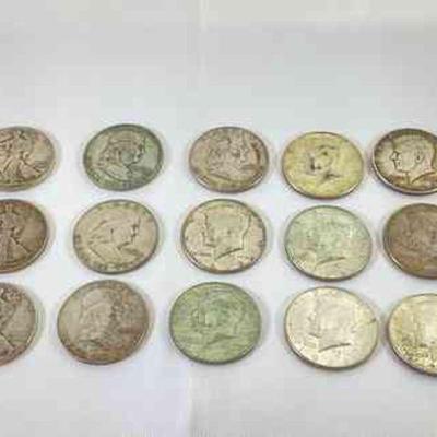 KIHE108 Liberty, Jefferson & Kennedy Silver Half Dollars	Fifteen coins total.
