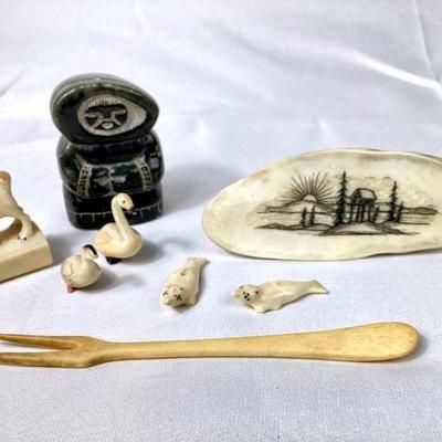 JIFI943 Signed Howard Weyahok Scrimshaw & More	Signed soapstone Inuit Eskimo figurine, 2 seal buttons, 2 bird fowl figurines - see...