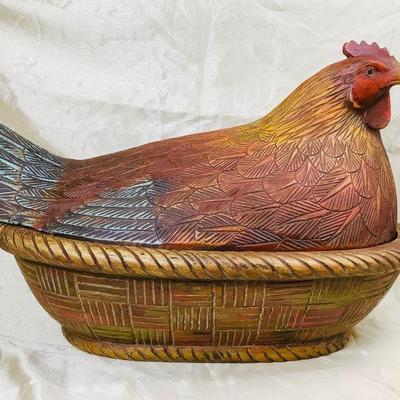 JIFI704 Large Painted Carved Wooden Hen On Nest Box	Unique and large colorful hand carved wood chicken box, 2 pieces, needs cleaning, no...