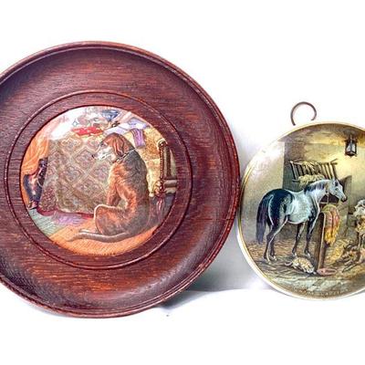 JIFI907 Victorian Ironstone Lids	1 creamware lid, 1 transfer decorated lid with hangers attatched to hang on wall.
