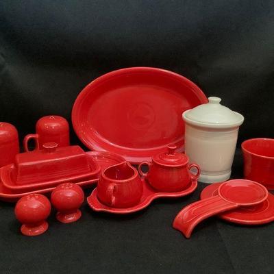 JOSW202 Fiestaware Accessories	Mixture of red pieces with 1 white canister. From pepper and salt shakers to butter dishes, creamer and...