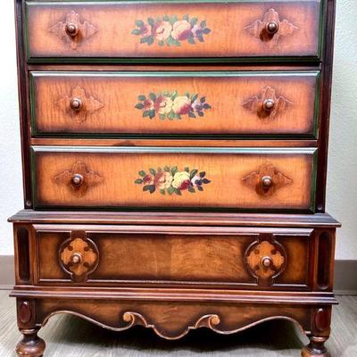 JIFI978 Vintage Handpainted Side Table	4 drawer wooden side table with Handpainted flowers on center of top three drawers, bun feet,...