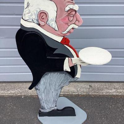 JIFI125 Handmade Butler Tray Sign	This is a large handmade wood butler sign. It features a well dressed butler holding a useable tray....