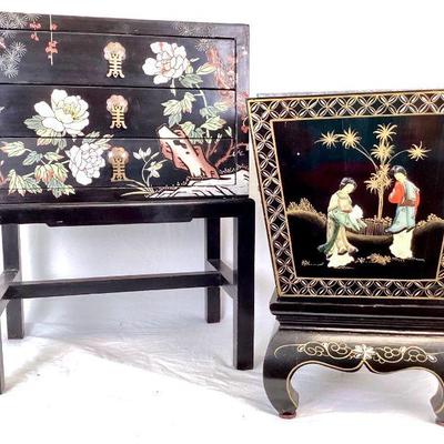 LAGO964 Asian Cormandel Chest & Geisha Planter	Black Laquer side table/chest japanned background with intaglio depictions of cranes...